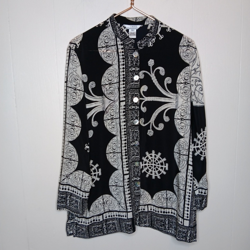 VTG Stonebridge Signature Tunic Top M Black White Geo Silk Long Sleeve Luxury